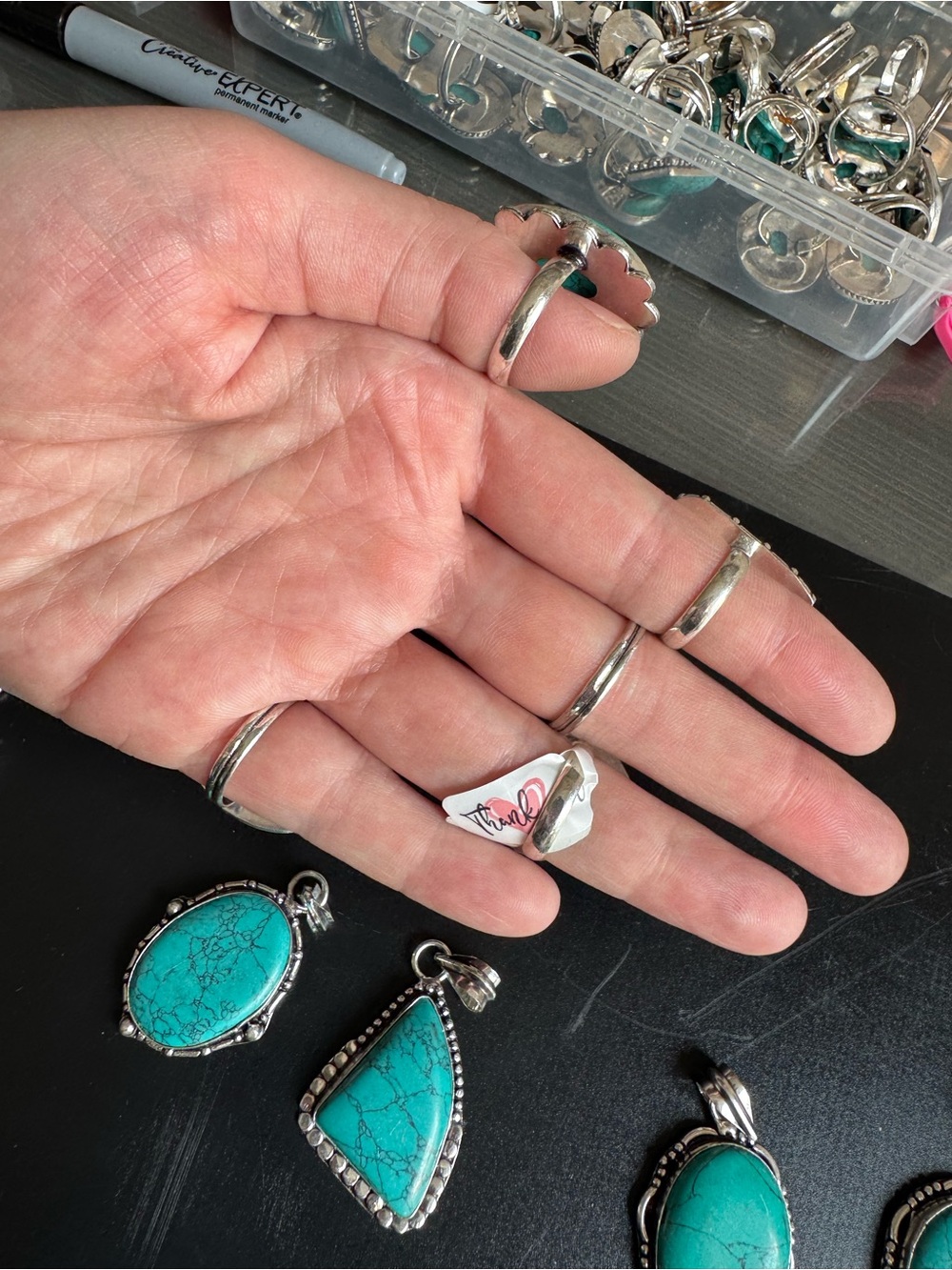 Reseller Bundle. 5- .925 stamped rings, 5-.925 turquoise colored pendants - Picture 8 of 9